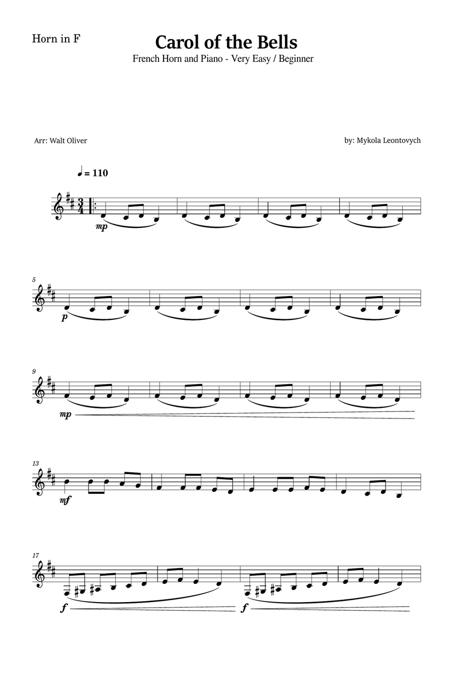 Carol of the Bells for French Horn and Piano (Very Easy - Beginner) in E minor - With Chords Piano scores gallery preview page 4