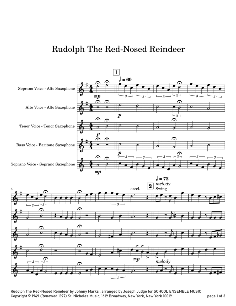 Rudolph The Red-nosed Reindeer Saxophone Quartet scores gallery preview page 1