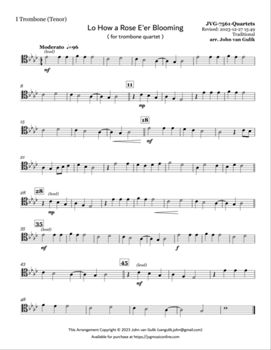 Lo How a Rose E'er Blooming - Trombone Quartet Trombone Quartet scores gallery preview page 6