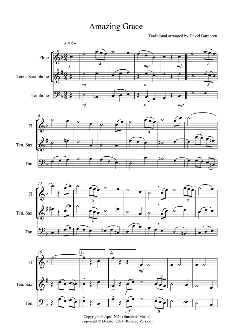 Amazing Grace for Flute, Tenor Saxophone and Trombone Trio