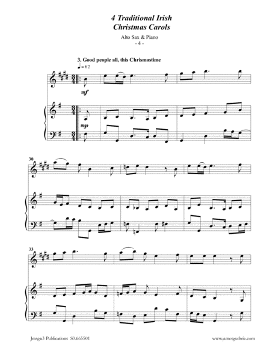 4 Traditional Irish Christmas Carols for Alto Sax & Piano Alto Saxophone scores gallery preview page 4