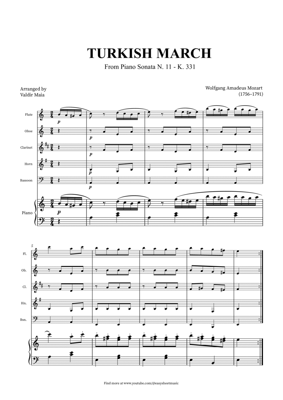 Turkish March - Woodwind Quintet and Piano Woodwind Quintet scores gallery preview page 1