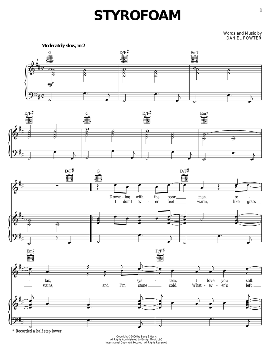 Styrofoam Piano, Vocal, Guitar scores gallery preview page 1