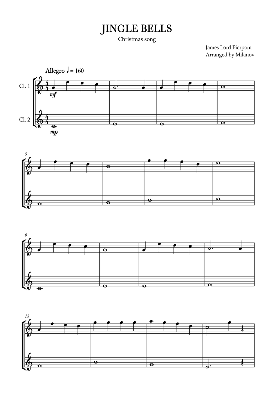 Jingle Bells | Pierpont | Christmas song | clarinet duet | easy | Bb Major Clarinet Duet scores gallery preview page 1