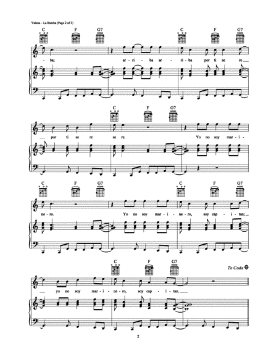 La Bamba Piano, Vocal, Guitar scores gallery preview page 2
