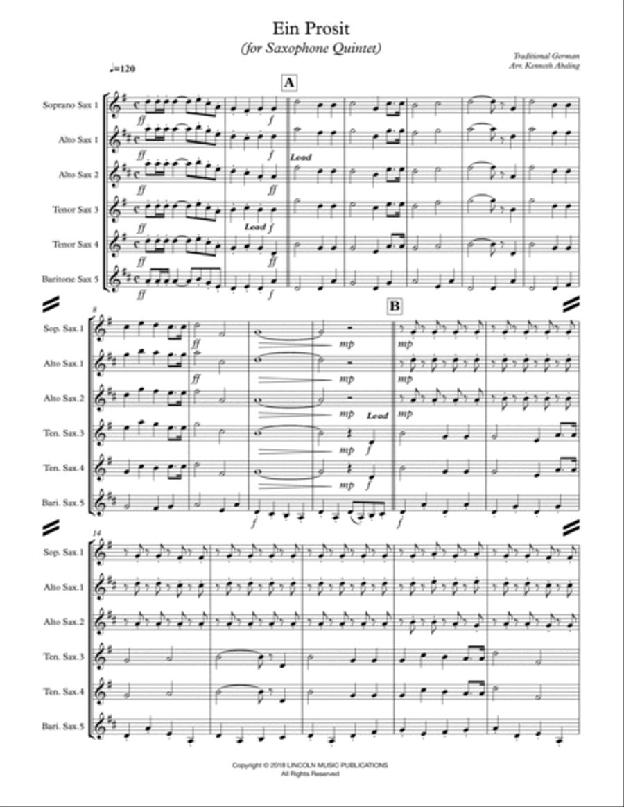 Ein Prosit (for Saxophone Quintet SATTB or AATTB) Saxophone Quintet scores gallery preview page 2