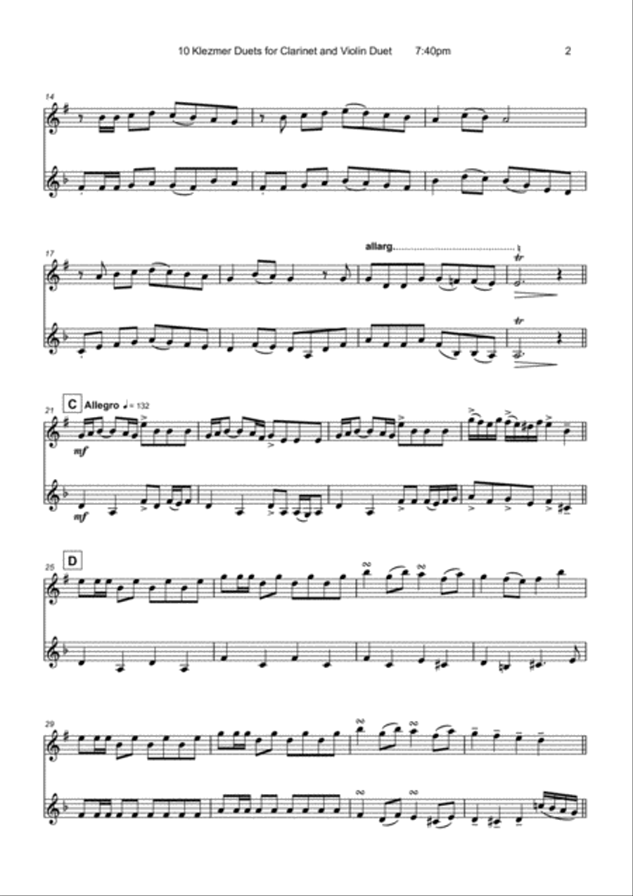 10 Klezmer Duets for Clarinet and Violin Clarinet scores gallery preview page 4