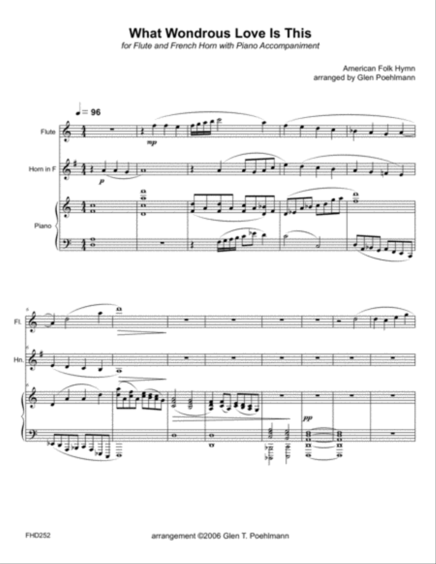 WHAT WONDROUS LOVE IS THIS - FLUTE & HORN with Piano Accompaniment Small Ensemble scores gallery preview page 1