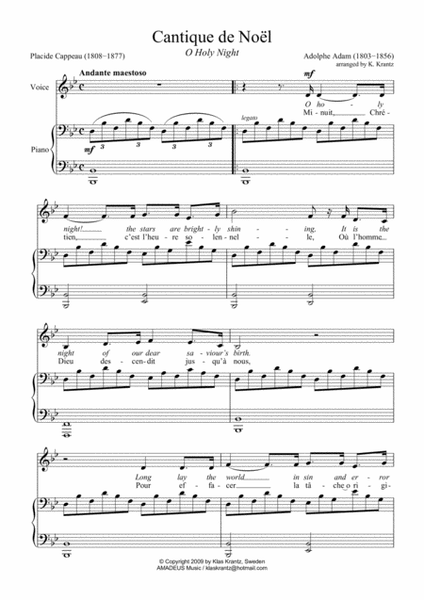 O Holy Night / Cantique de noel for voice and easy piano (Bb Major)