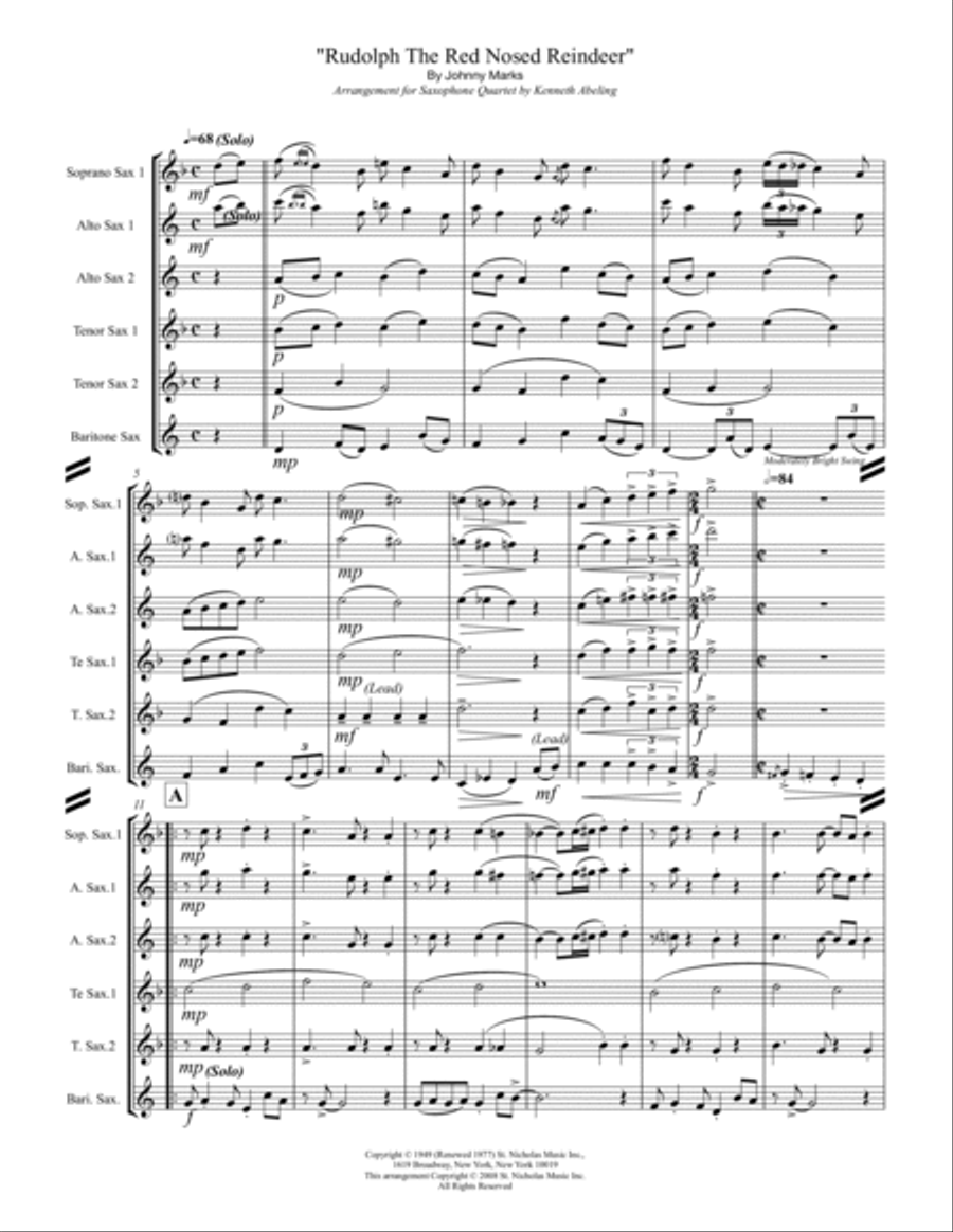 Rudolph The Red-nosed Reindeer Saxophone Quintet scores gallery preview page 2
