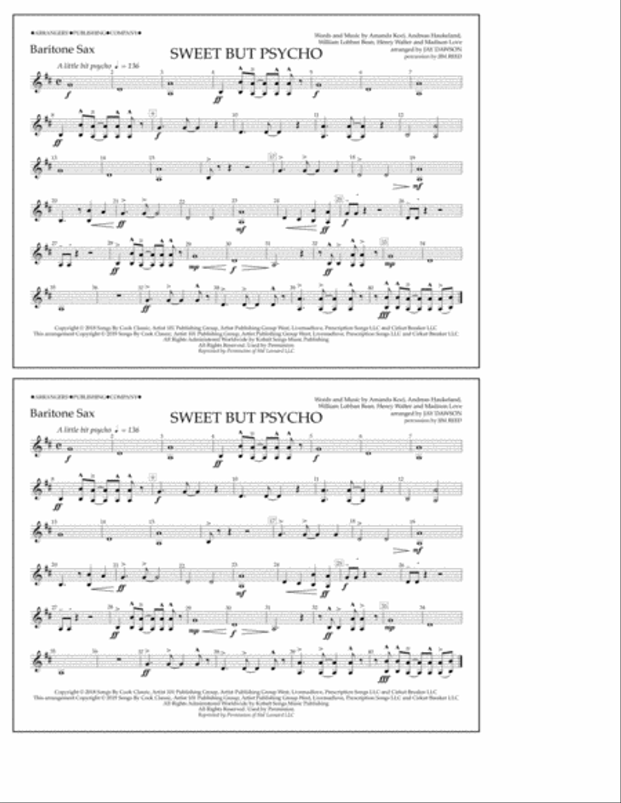 Sweet But Psycho (arr. Jay Dawson) - Baritone Sax Marching Band scores gallery preview page 1