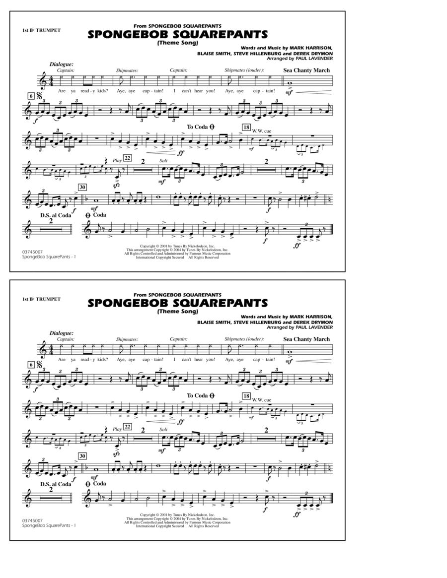 Spongebob Squarepants (Theme Song) (arr. Paul Lavender) - 1st Bb Trumpet Marching Band scores gallery preview page 1