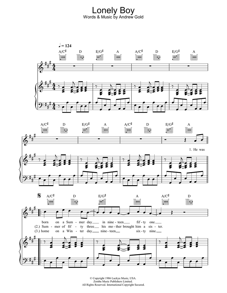 Lonely Boy Piano, Vocal, Guitar scores gallery preview page 1