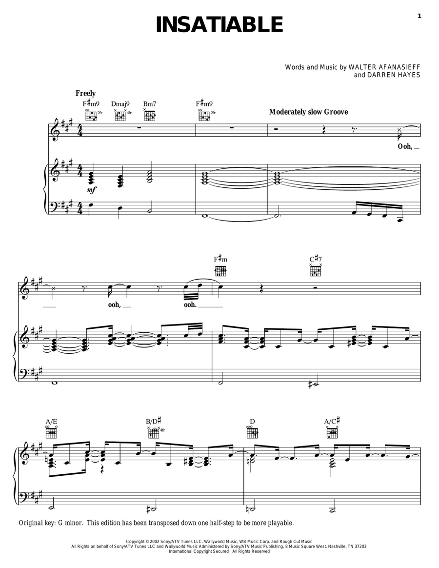 Insatiable Insatiable Piano, Vocal, Guitar scores gallery preview page 1