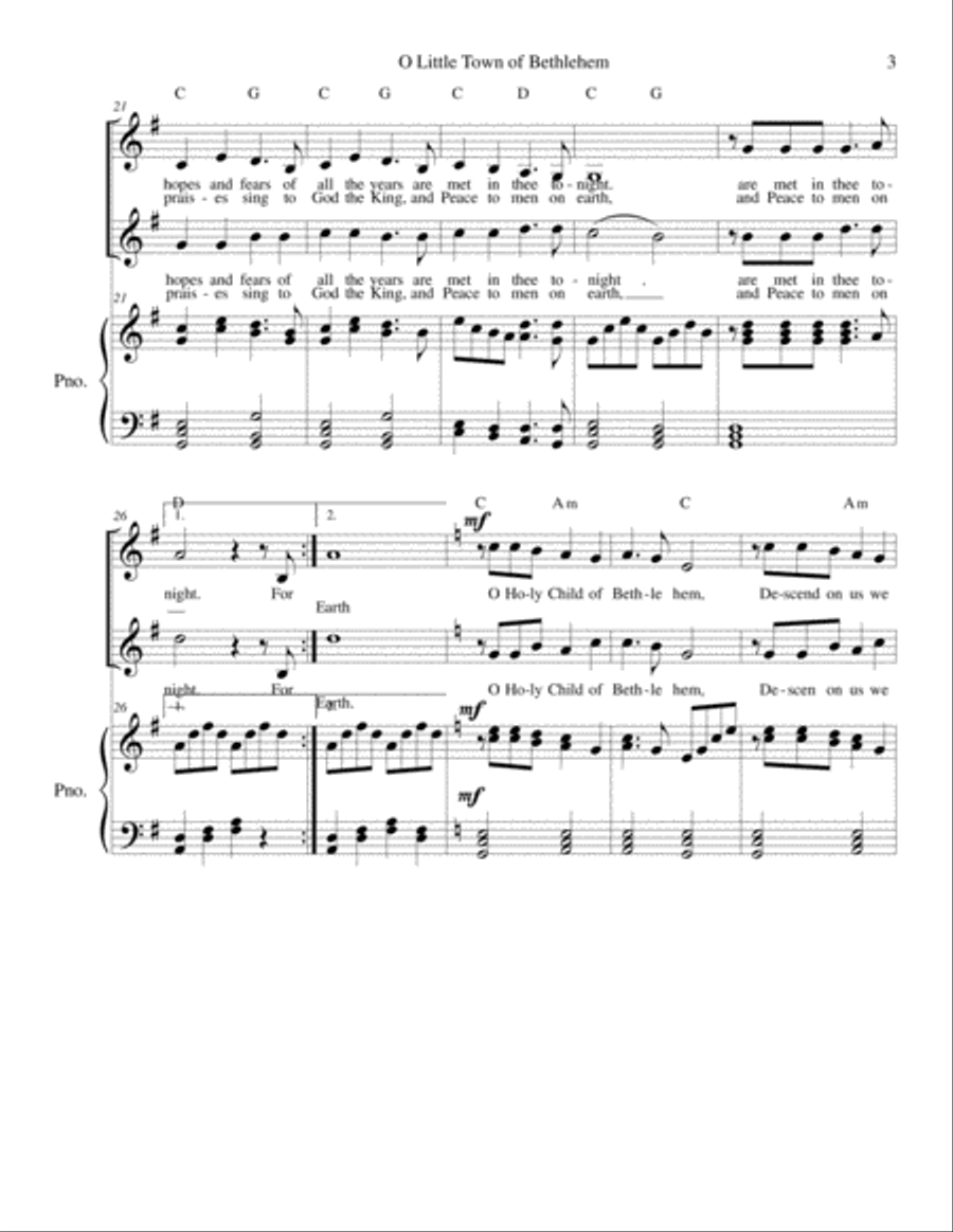 O Little Town of Bethlehem - SA and Piano SA scores gallery preview page 3