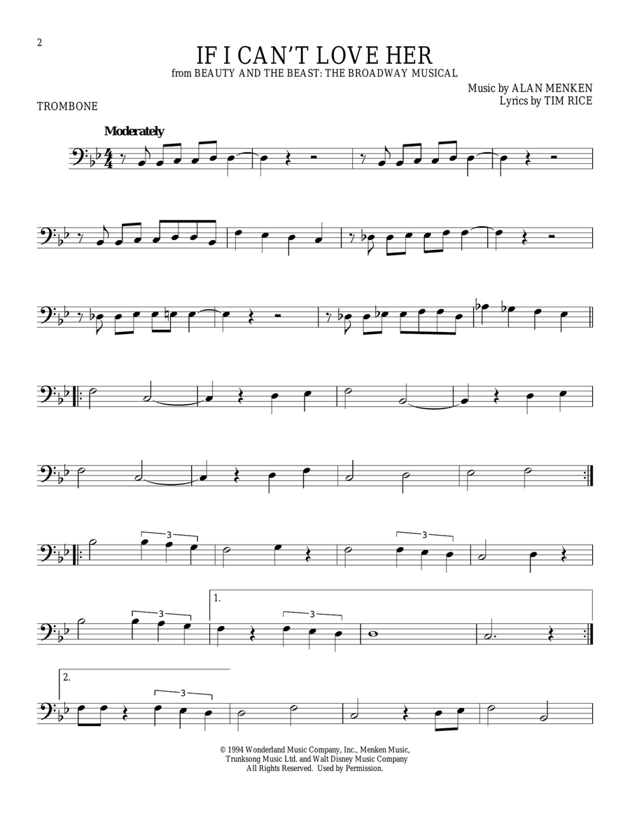 If I Can't Love Her (from Beauty And The Beast: The Musical) Trombone Solo scores gallery preview page 1