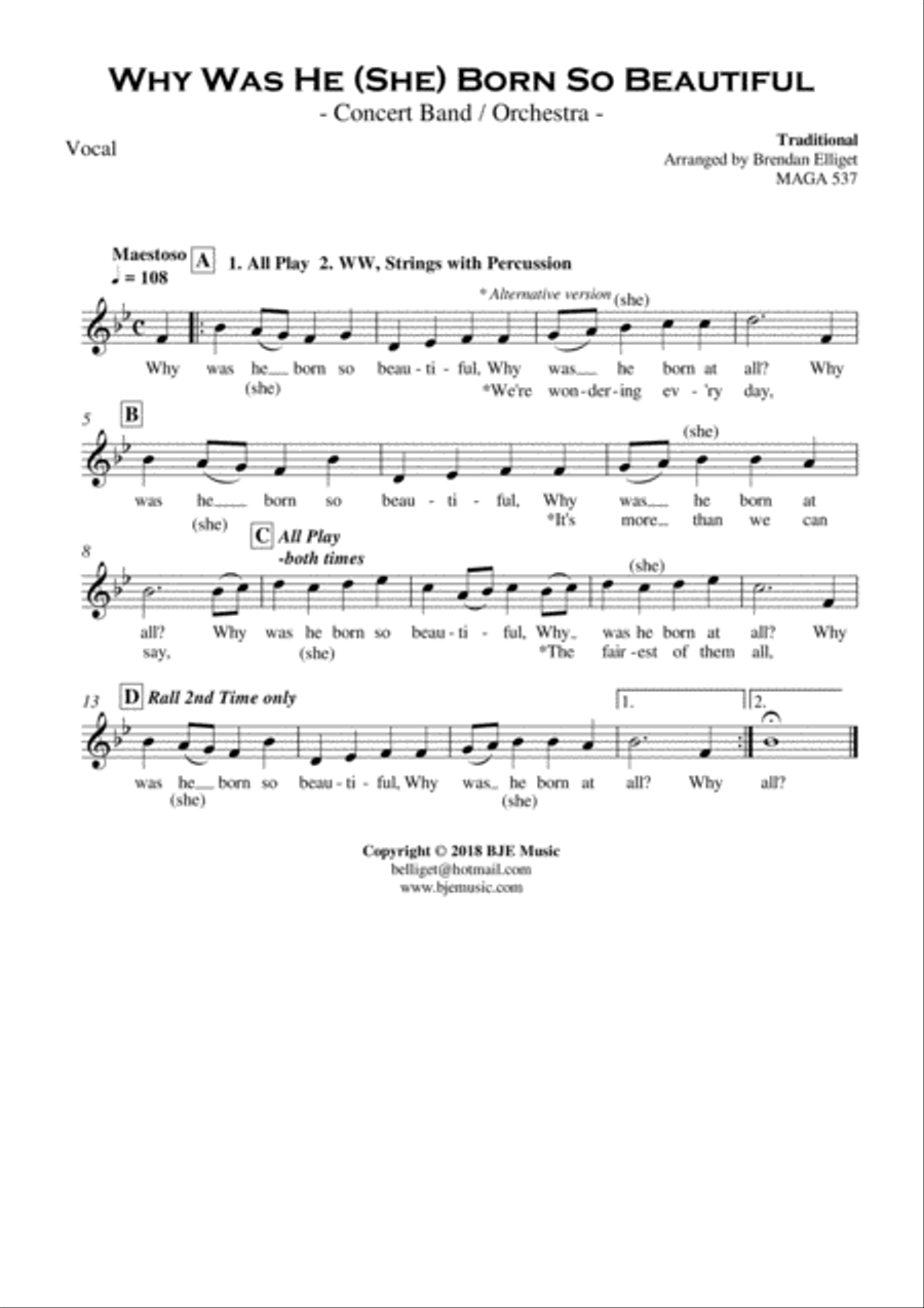 Why Was He (She) Born So Beautiful - Concert Band - Orchestra Score and Parts PDF image number null