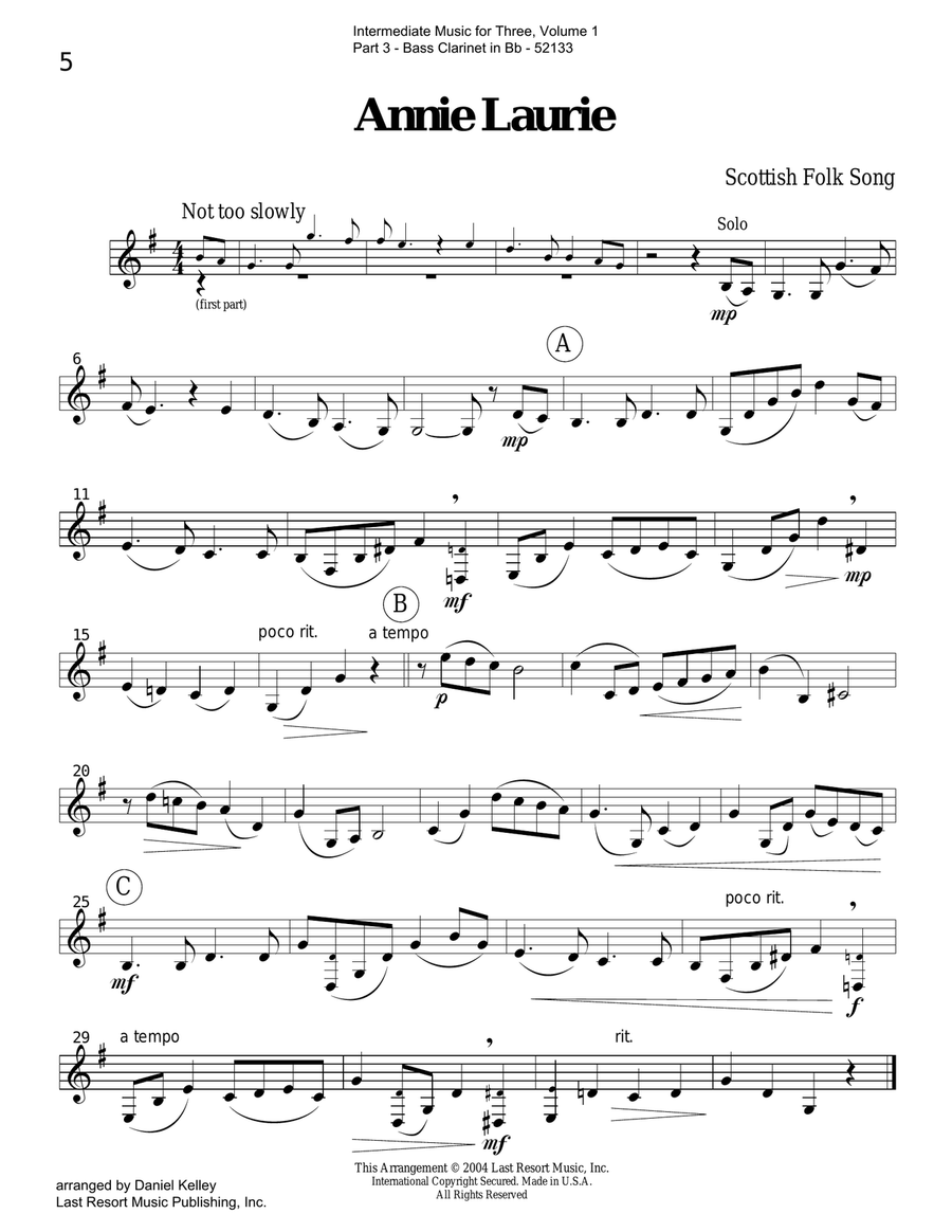 Intermediate Music for Three, Volume 1 - Part 3 for Bass Clarinet