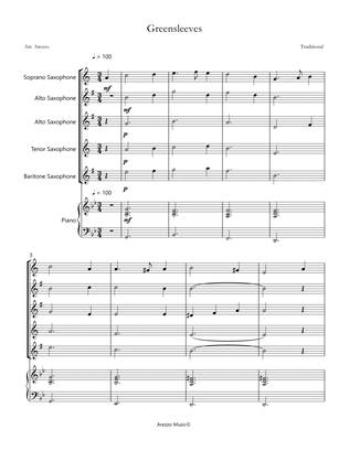 greensleeves for saxophone quintet and piano sheet music