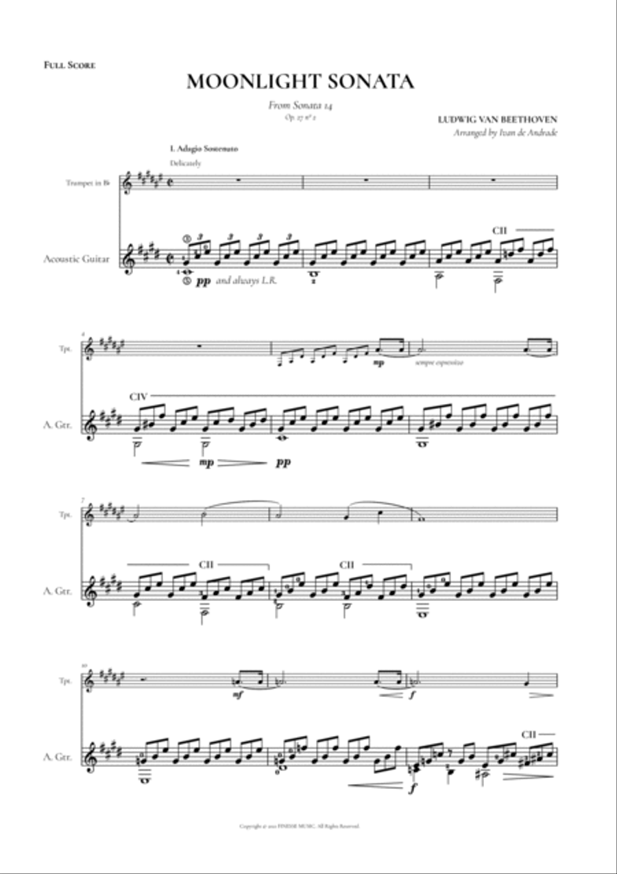 Moonlight Sonata for Trumpet in Bb + Acoustic Guitar (duet) Trumpet Duet scores gallery preview page 3