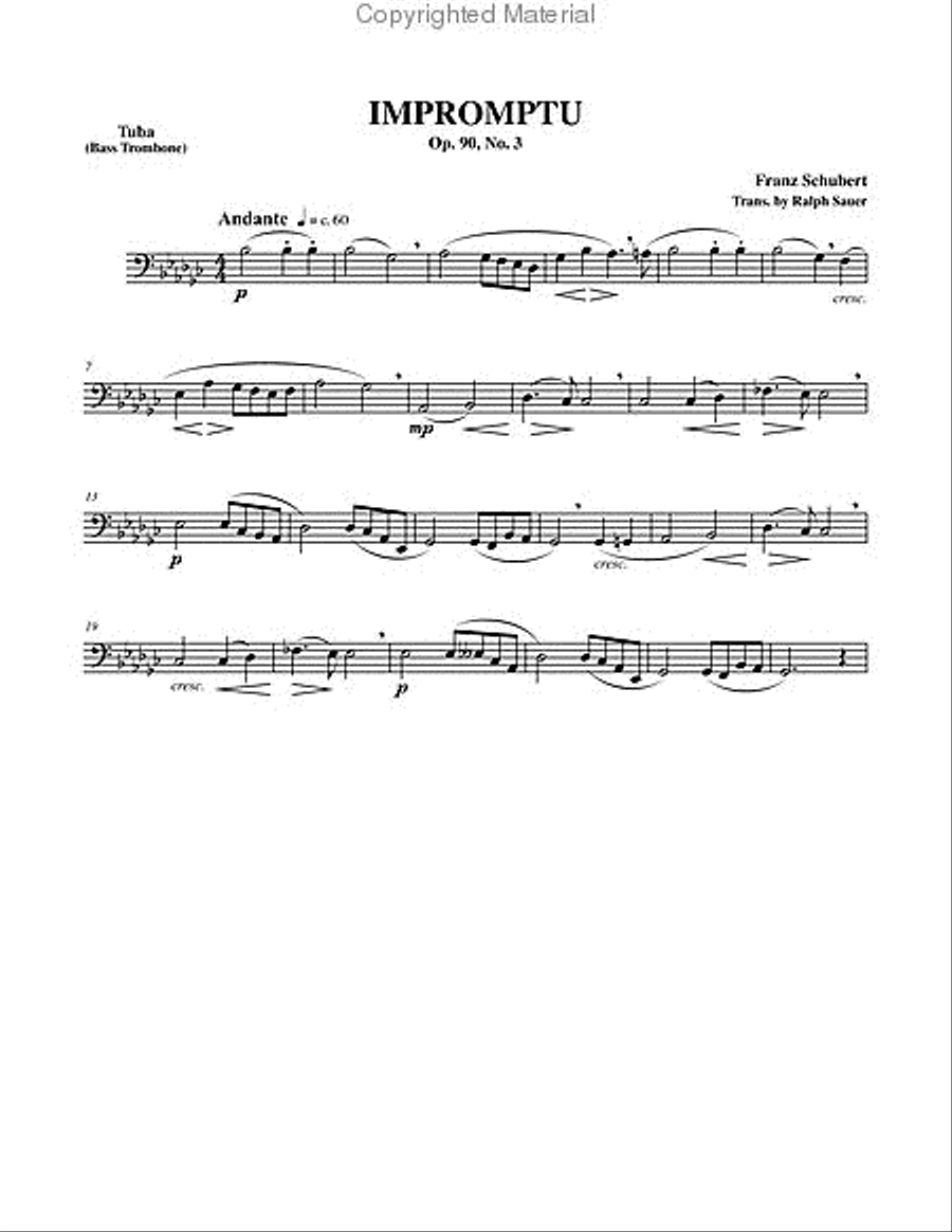 Impromptu, Opus 90, No. 3 for Tuba or Bass Trombone & Piano Trombone scores gallery preview page 2
