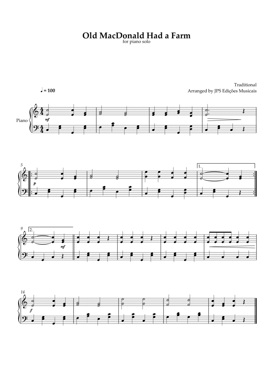Old MacDonald Had A Farm for piano solo - Intermediate Piano Method scores gallery preview page 1