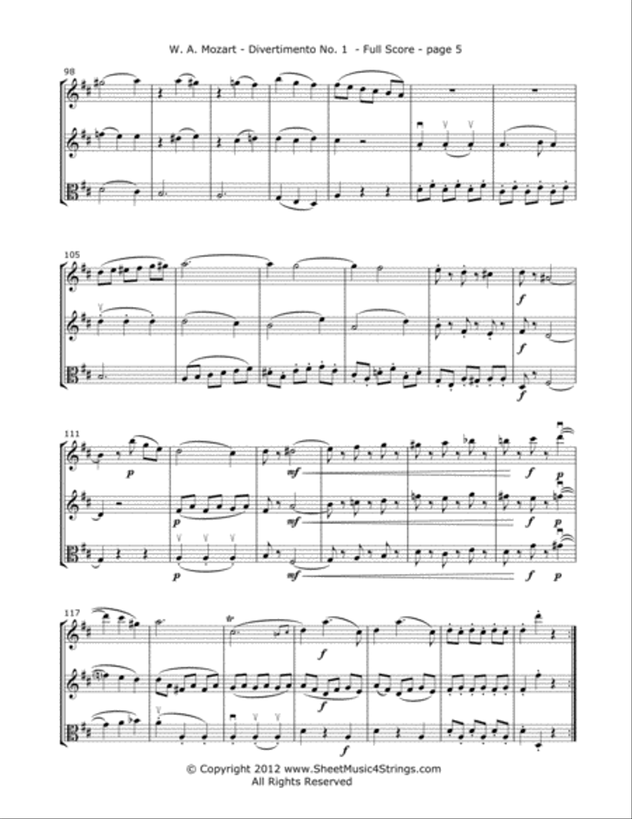Mozart, W. - Divertimento No. 5 (Mvt. 1) for Two Violins and Viola String Trio scores gallery preview page 5