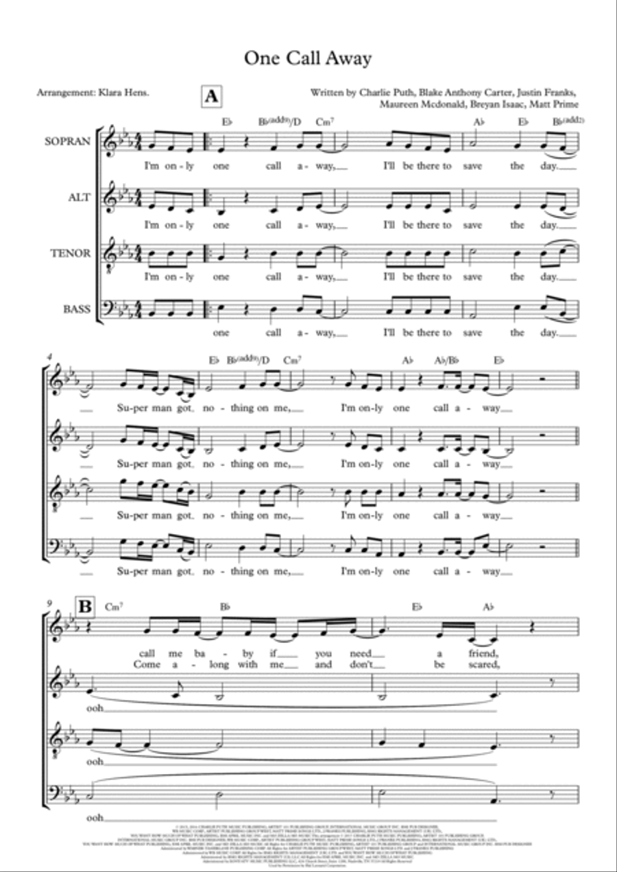 One Call Away 4-Part scores gallery preview page 2