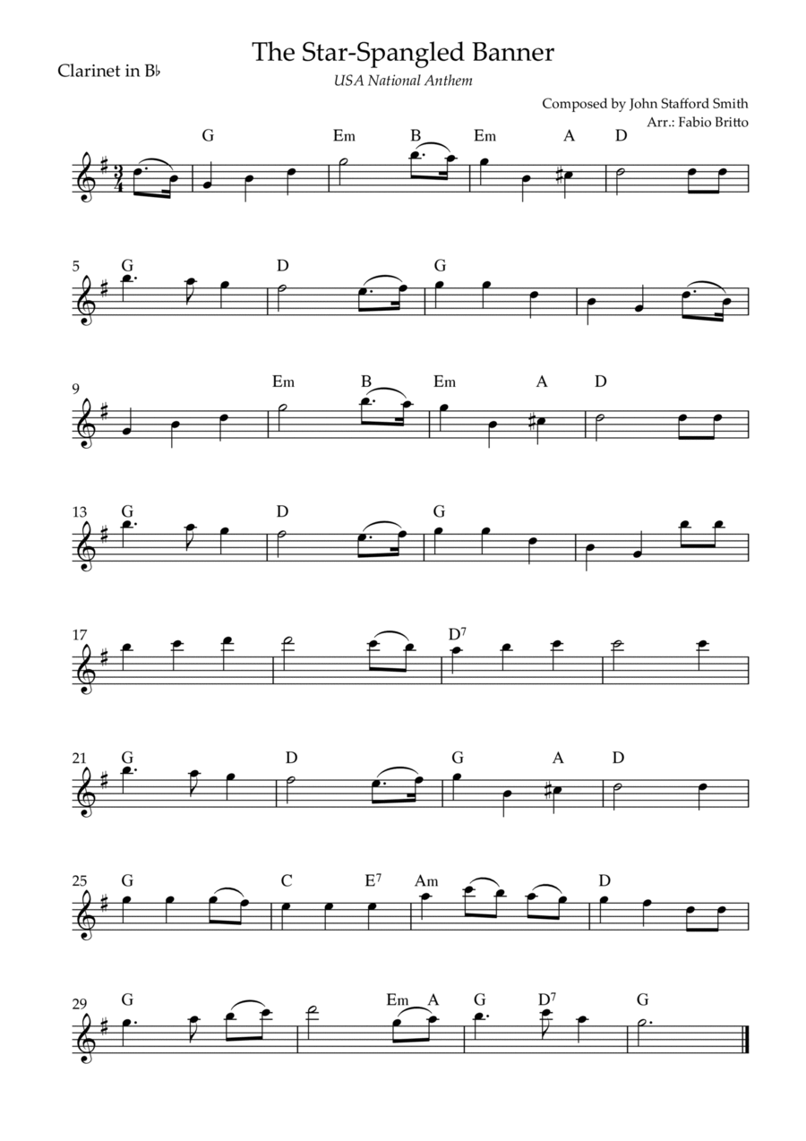 The Star Spangled Banner (USA National Anthem) for Clarinet in Bb Solo with Chords (F Major) B-Flat Clarinet scores gallery preview page 1