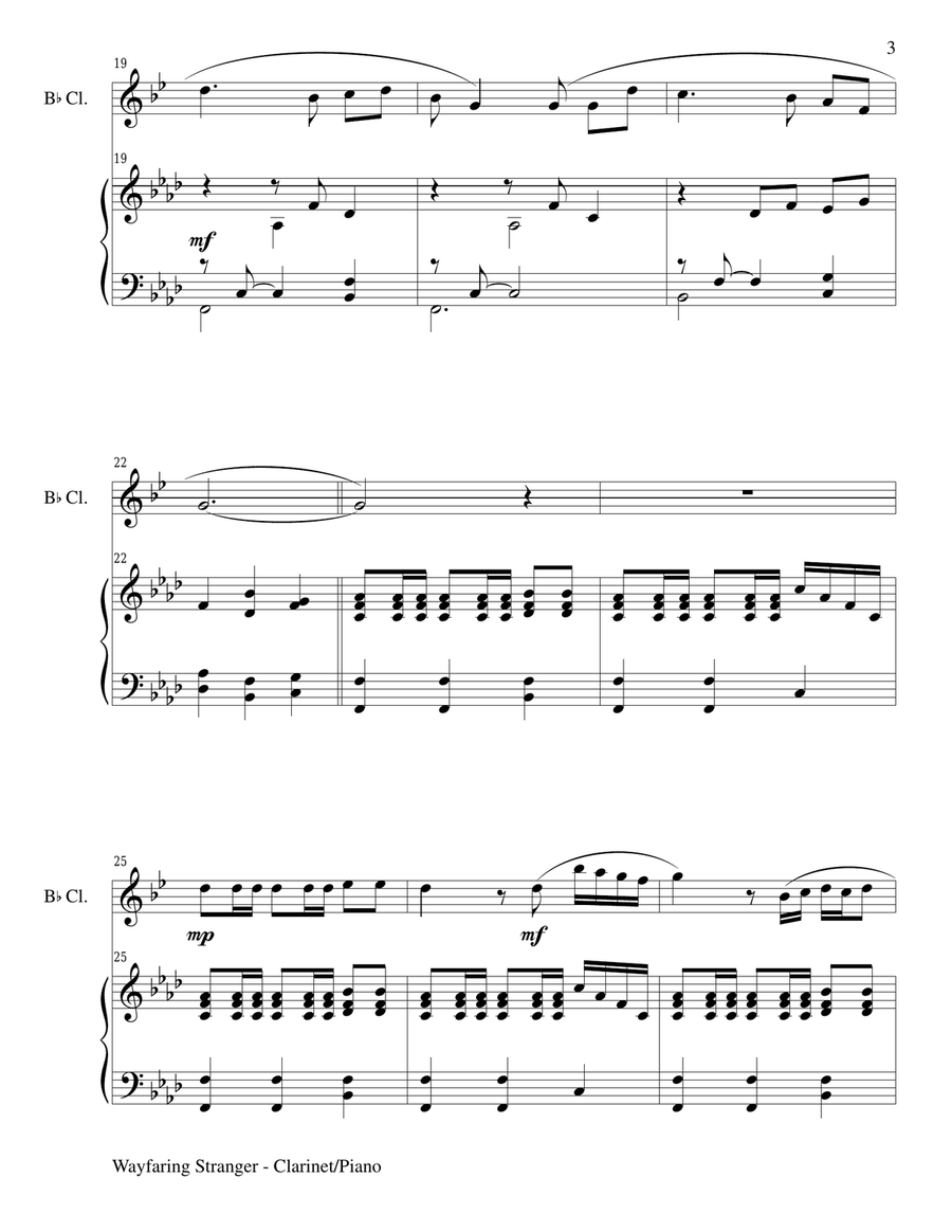 WAYFARING STRANGER (Bb Clarinet/Piano and ClarinetPart) B-Flat Clarinet scores gallery preview page 3