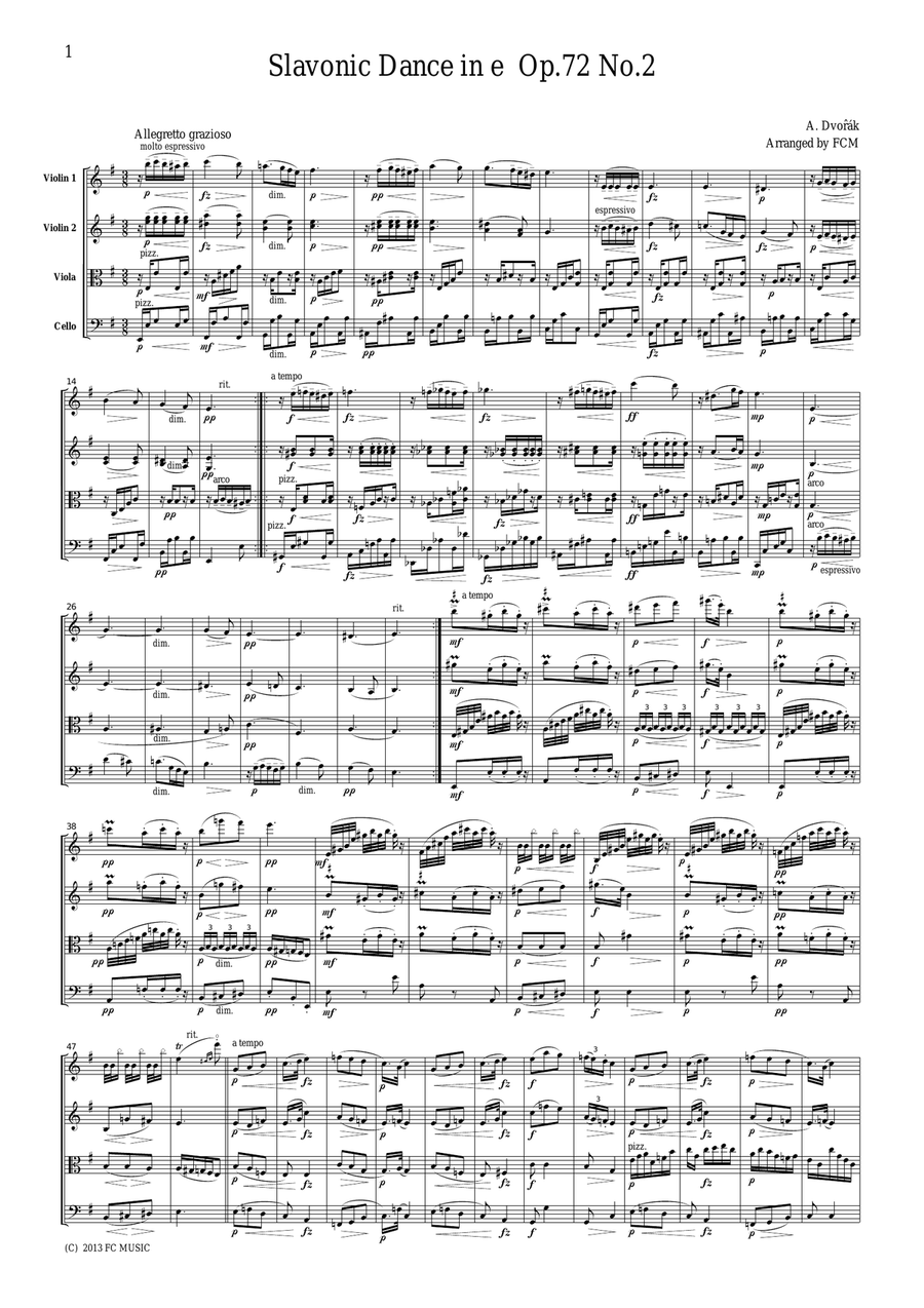 Dvorak Slavonic Dance Op.72, No.2, for string quartet, CD206