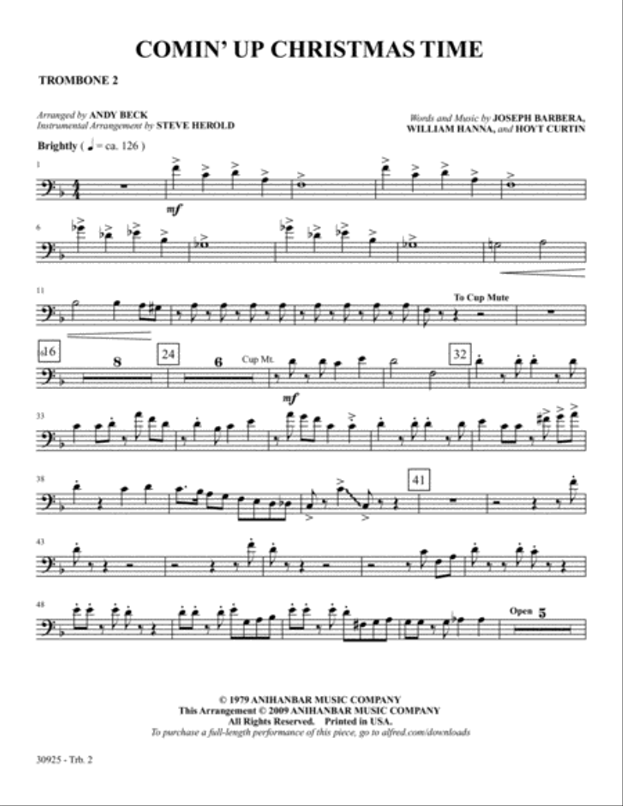 Comin' Up Christmas Time: 2nd Trombone Trombone scores gallery preview page 1