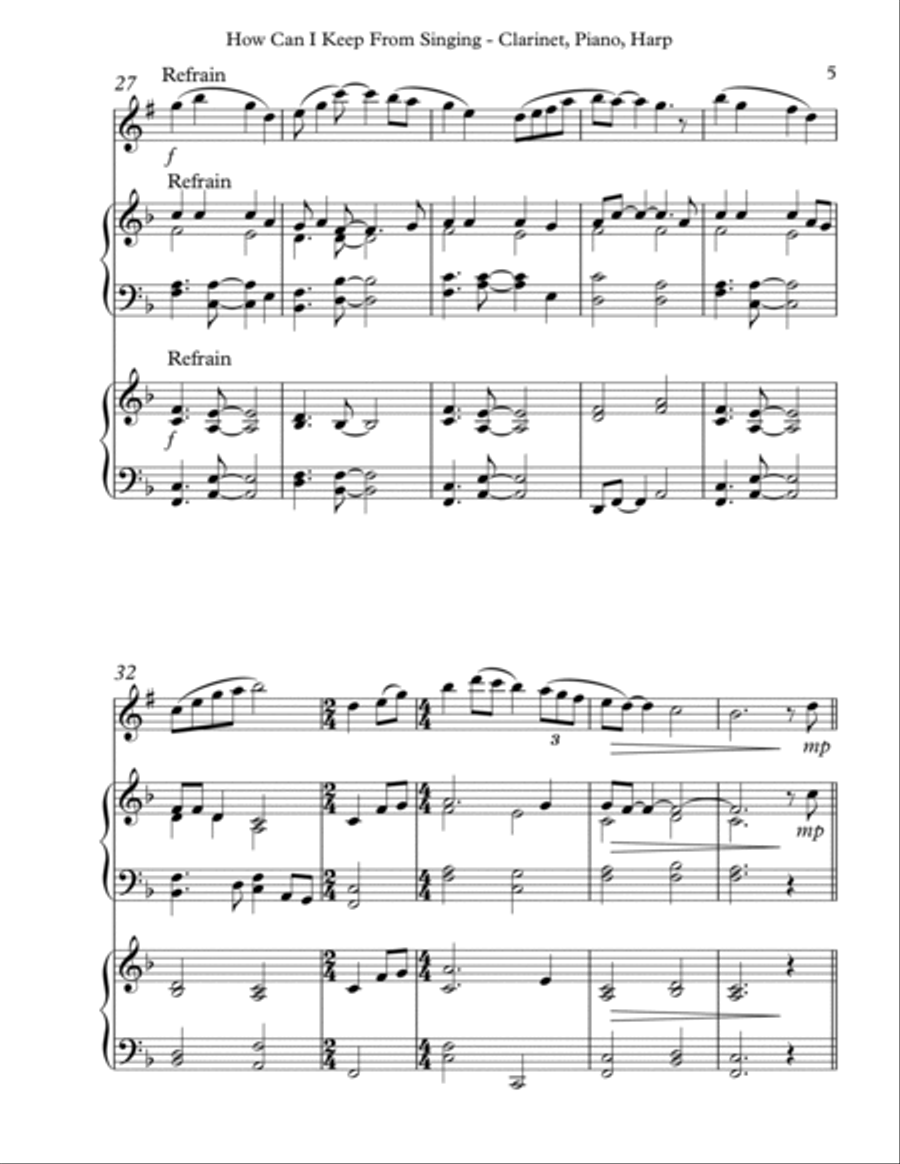 How Can I Keep From Singing, Trio for Bb Clarinet, Piano & Harp B-Flat Clarinet scores gallery preview page 5