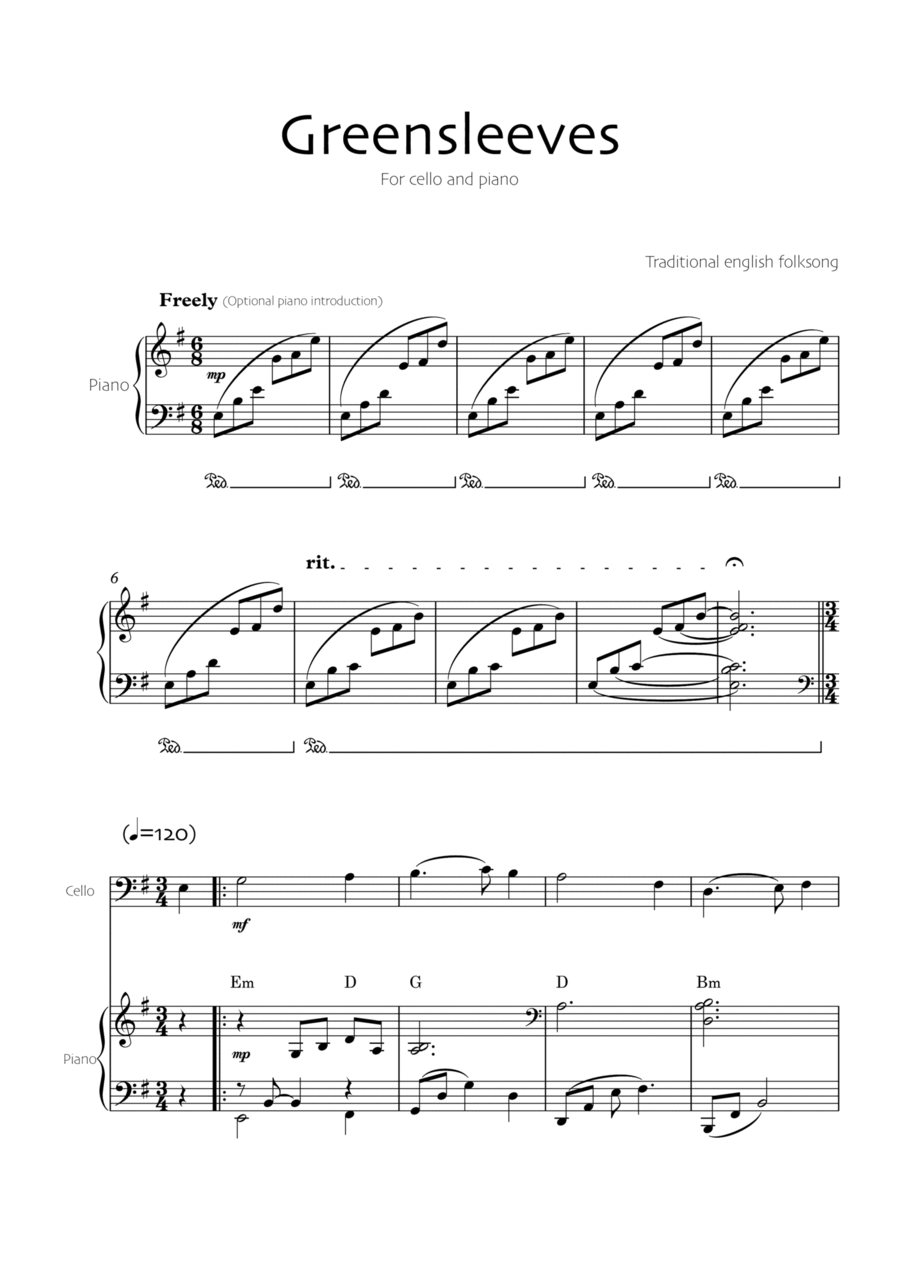 Greensleeves (Cello and piano) Piano scores gallery preview page 1