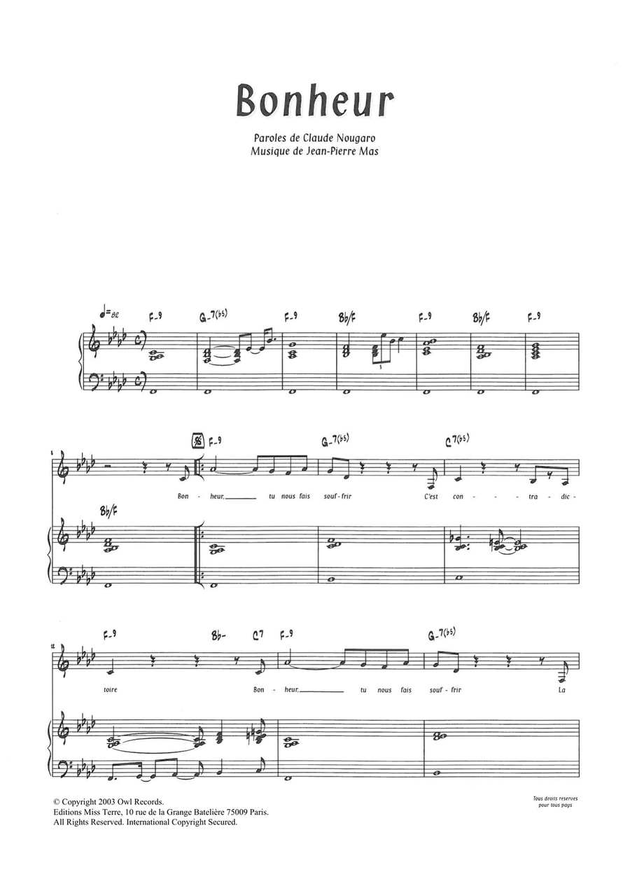 Bonheur Piano, Vocal scores gallery preview page 1