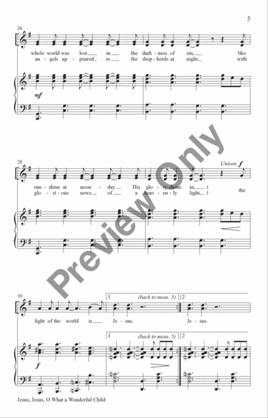 Jesus, Jesus, O What a Wonderful Child Unison Choir scores gallery preview page 5
