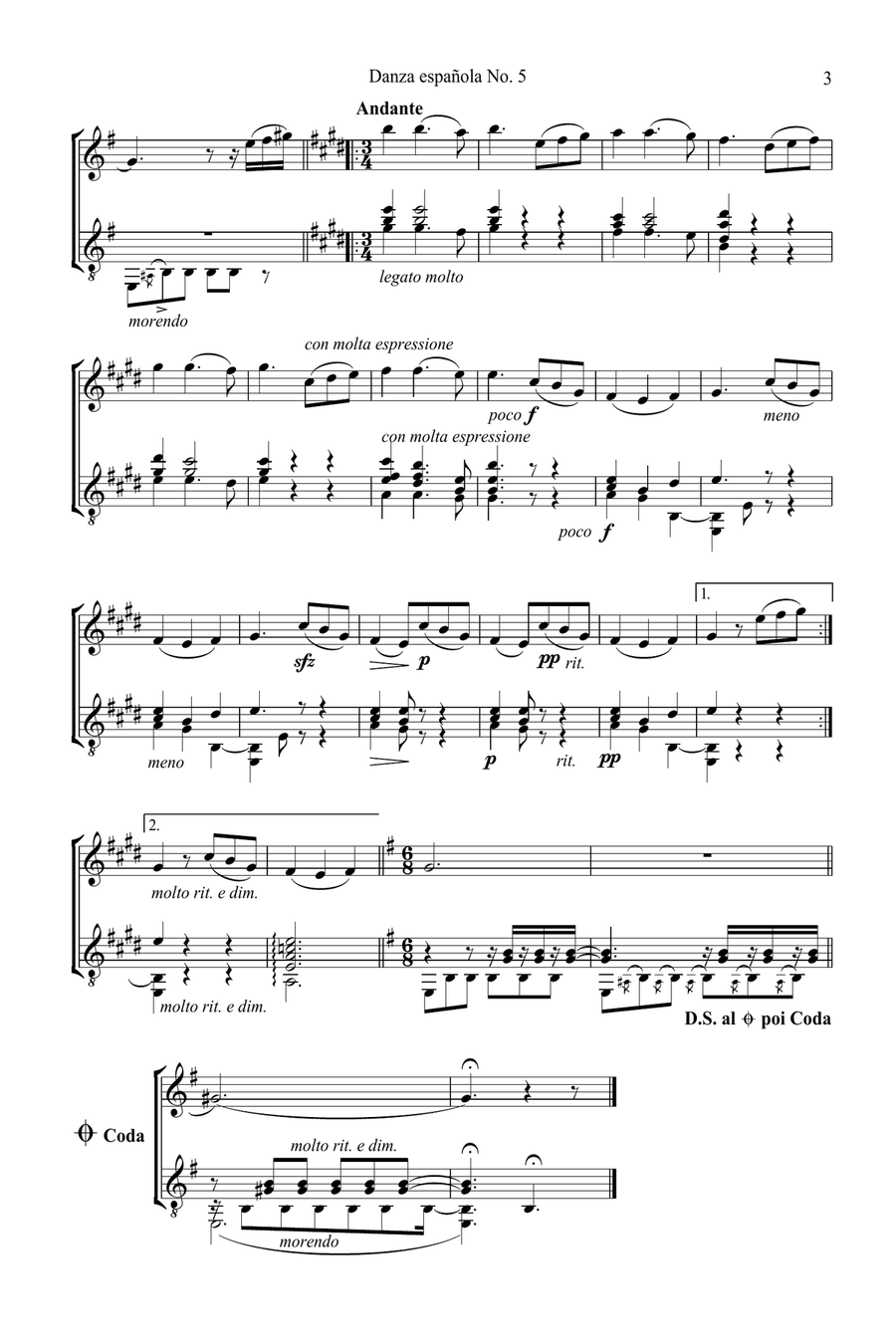 Spanish Dance No. 5, Danza espanola, Andaluza Op. 37 (E Major) for flute and guitar Flute scores gallery preview page 4