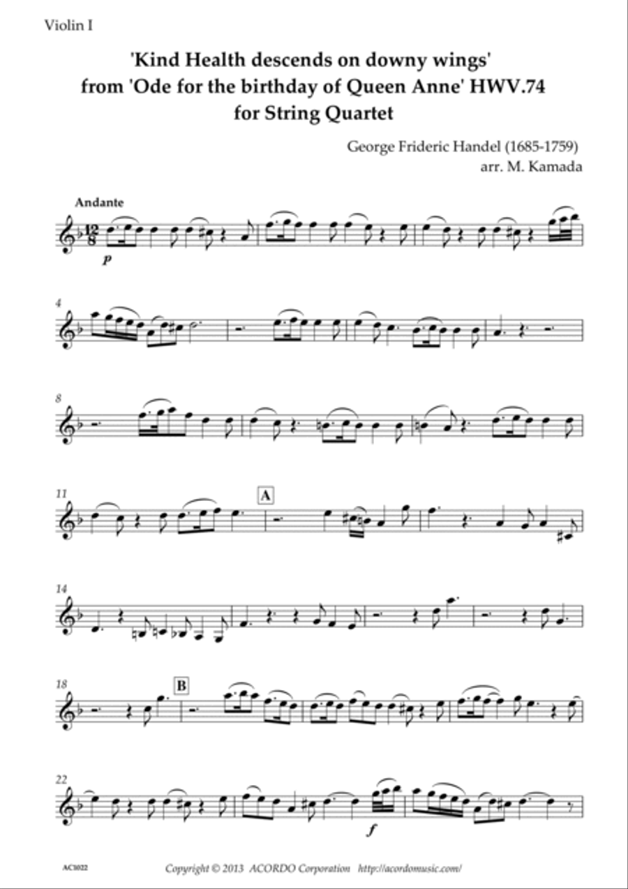 'Kind Health descends on downy wings' from 'Ode for the birthday of Queen Anne' HWV.74 for String Qu String Trio scores gallery preview page 4