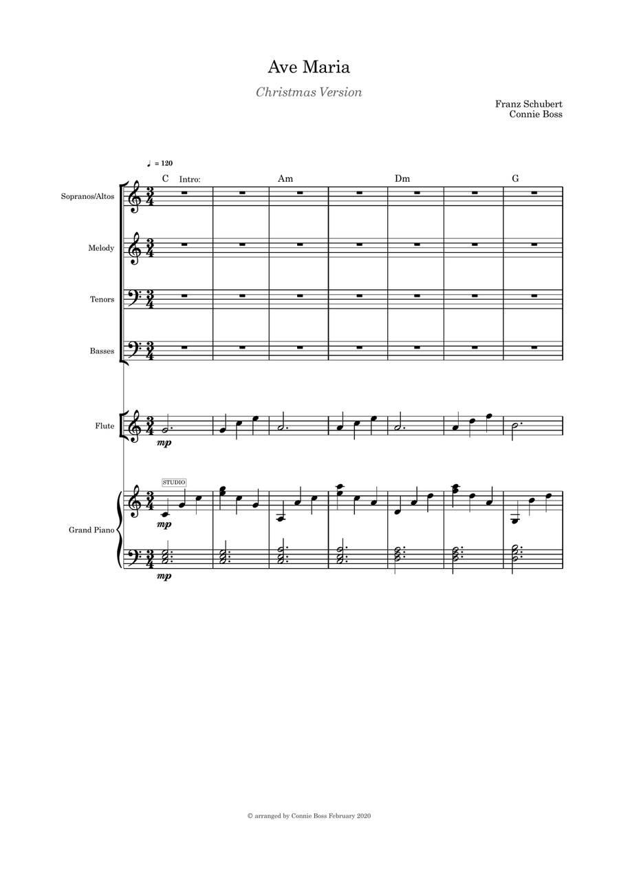 Ave Maria Christmas Verson Solo SATB flute or violin or cello and piano 4-Part scores gallery preview page 1