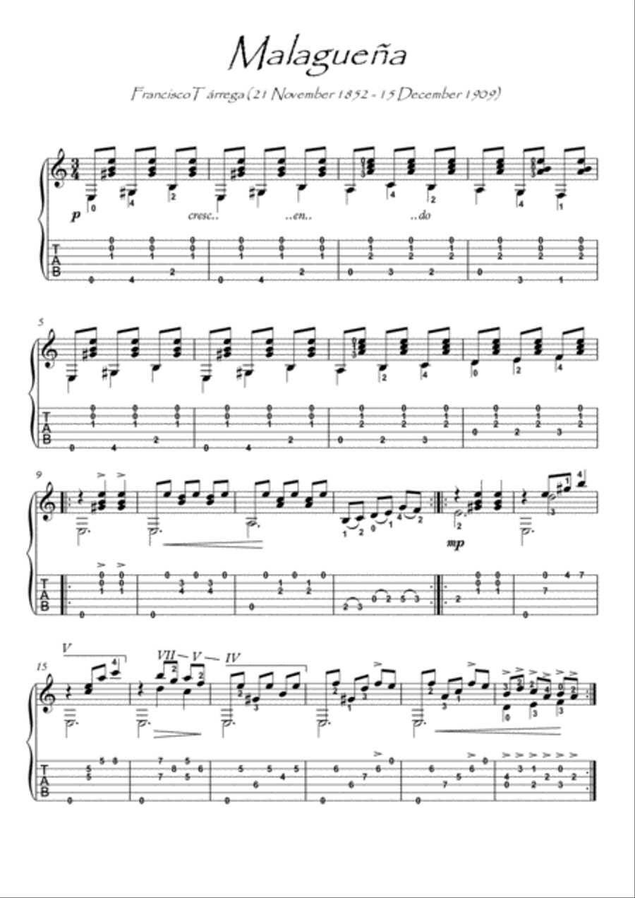 Malaguena by Tarrega guitar solo with tab Small Ensemble scores gallery preview page 1