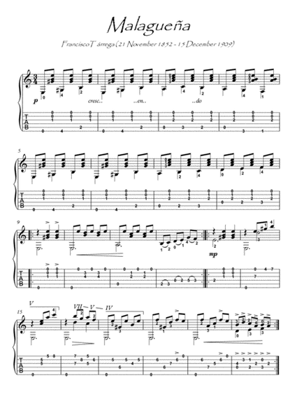 Malaguena by Tarrega guitar solo with tab image number null