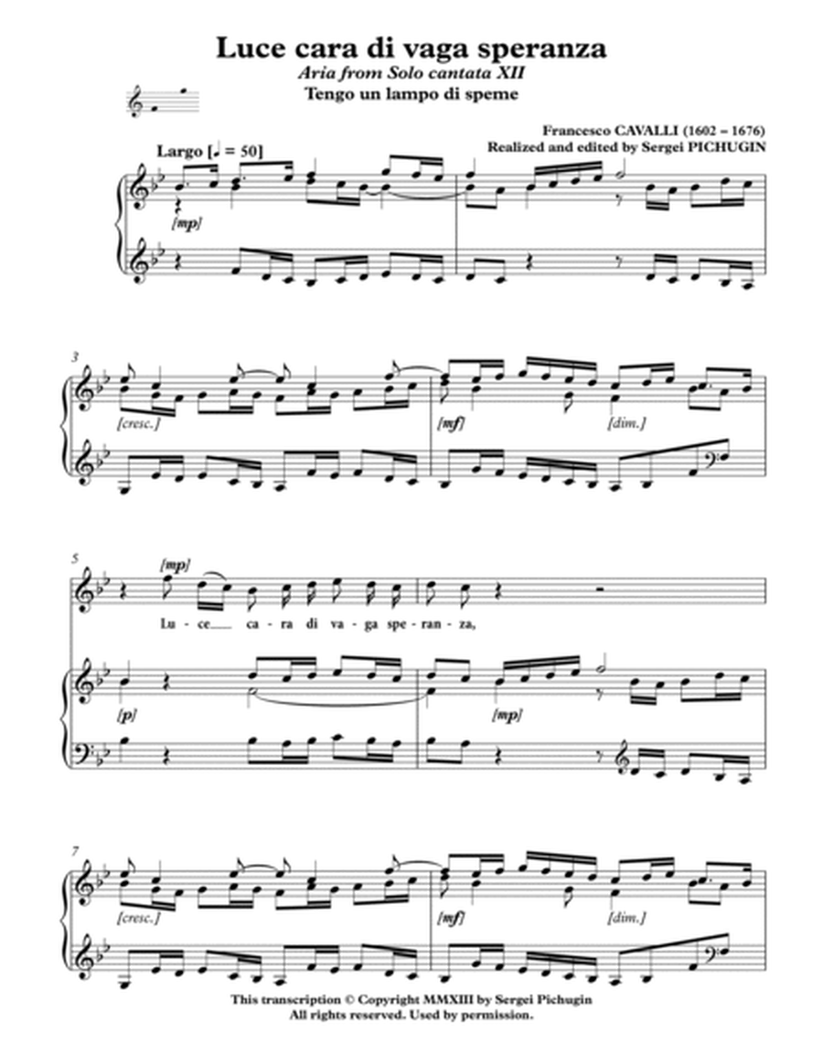 CAVALLI Francesco: Luce cara di vaga speranza, aria from the cantata, arranged for Voice and Piano ( image number null