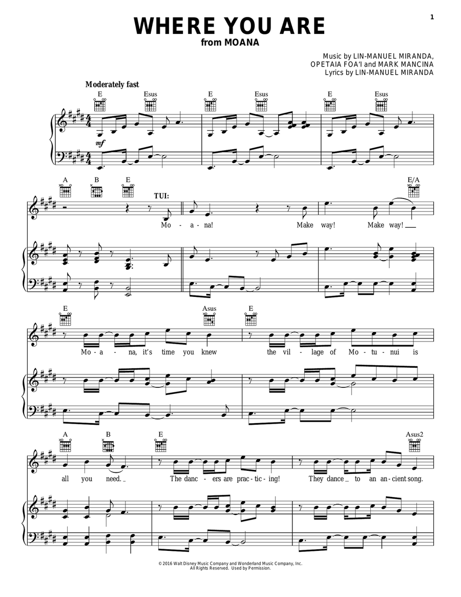 Where You Are (from Moana) Piano, Vocal, Guitar scores gallery preview page 1