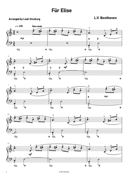 "For Elise" by Ludwig van Beethoven, Easy arrangement by Leah Ginzburg