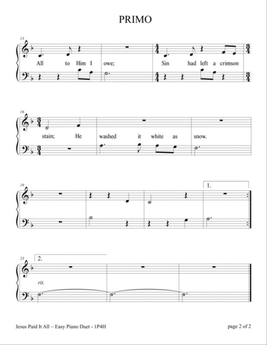 Jesus Paid It All (Easy 1 Piano, 4 Hands Duet) Easy Piano scores gallery preview page 4