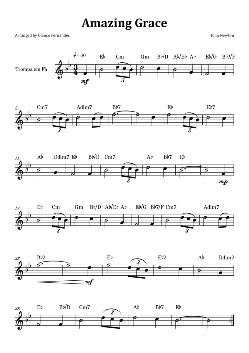 Amazing Grace - French Horn Solo with Chord Notation image number null