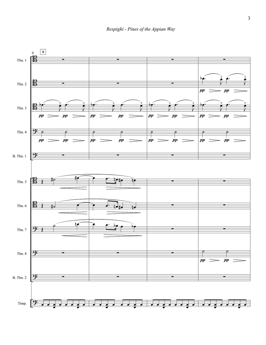 Pines of the Appian Way from Pines of Rome for 10 Trombones & Timpani Large Ensemble scores gallery preview page 3