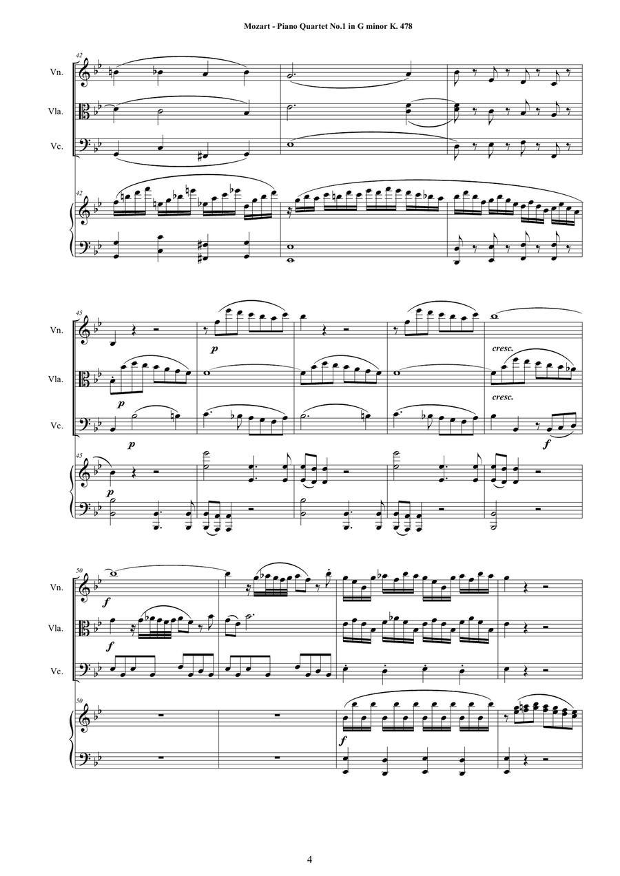 Mozart - Piano Quartet No.1 in G minor K 478 for Violin,Viola, Cello and Piano - Score and Parts Piano Quartet scores gallery preview page 4