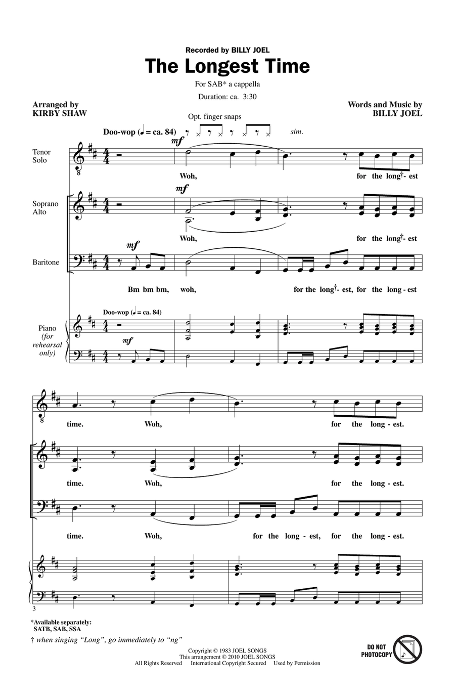The Longest Time (SAB with Tenor Solo) (arr. Kirby Shaw) 3-Part scores gallery preview page 1