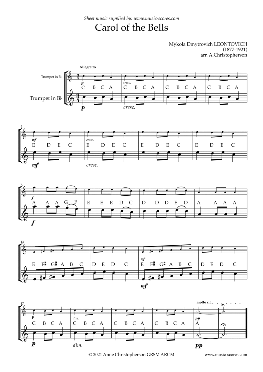 Carol of the Bells - Easy Trumpet with note names B-Flat Trumpet scores gallery preview page 1